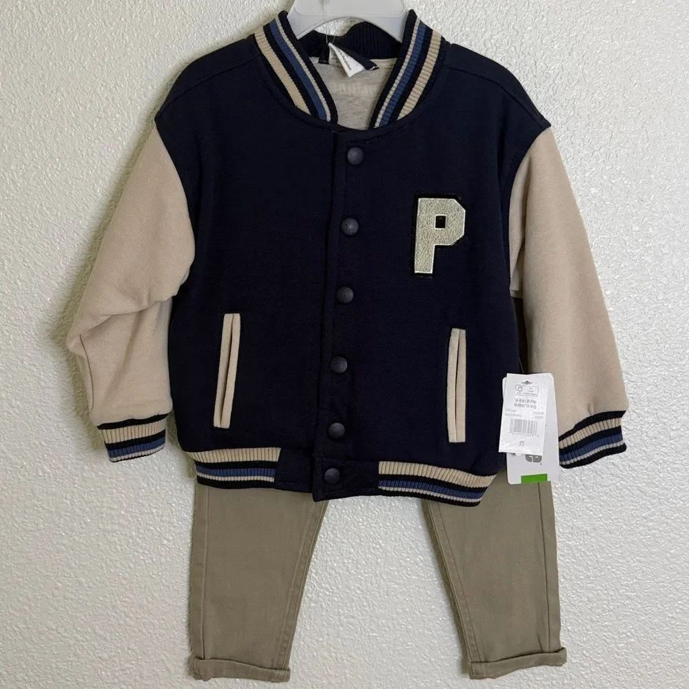 Prince- Navy and Beige Striped Collar Jacket pant set- 2T
